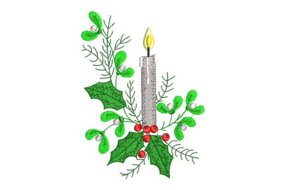 Christmas Candle with Green Leaves: A Festive Embroidery Design